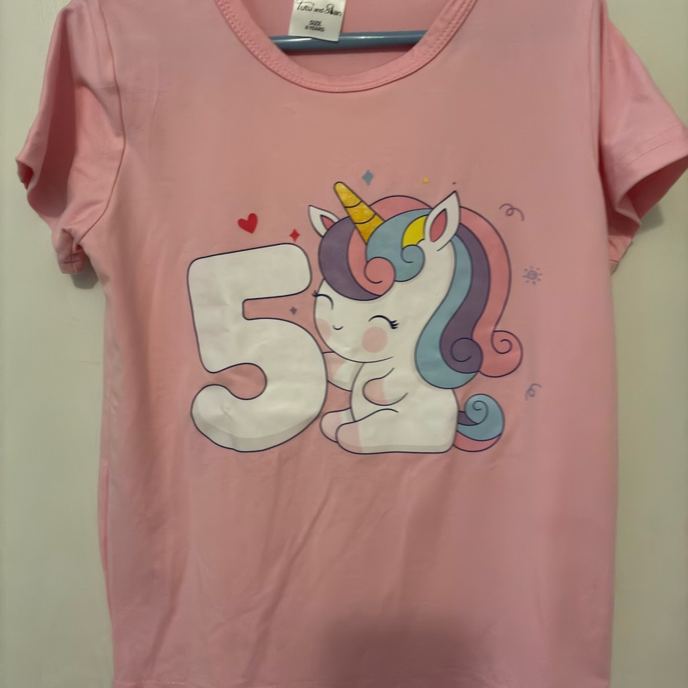 Girls' Pink Unicorn Number 5 Short Sleeve Tee